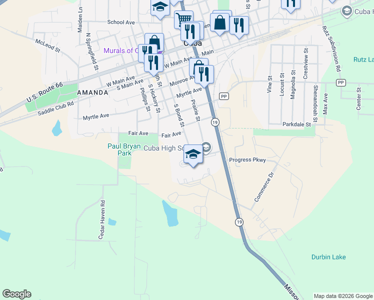 map of restaurants, bars, coffee shops, grocery stores, and more near 716 South Bond Street in Cuba