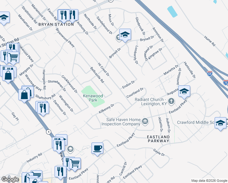 map of restaurants, bars, coffee shops, grocery stores, and more near 649 Bellcastle Road in Lexington