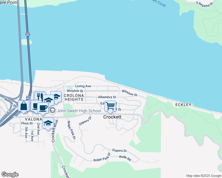 map of restaurants, bars, coffee shops, grocery stores, and more near 417 Winslow Street in Crockett