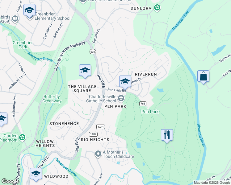 map of restaurants, bars, coffee shops, grocery stores, and more near 1165 Pen Park Rd in Charlottesville
