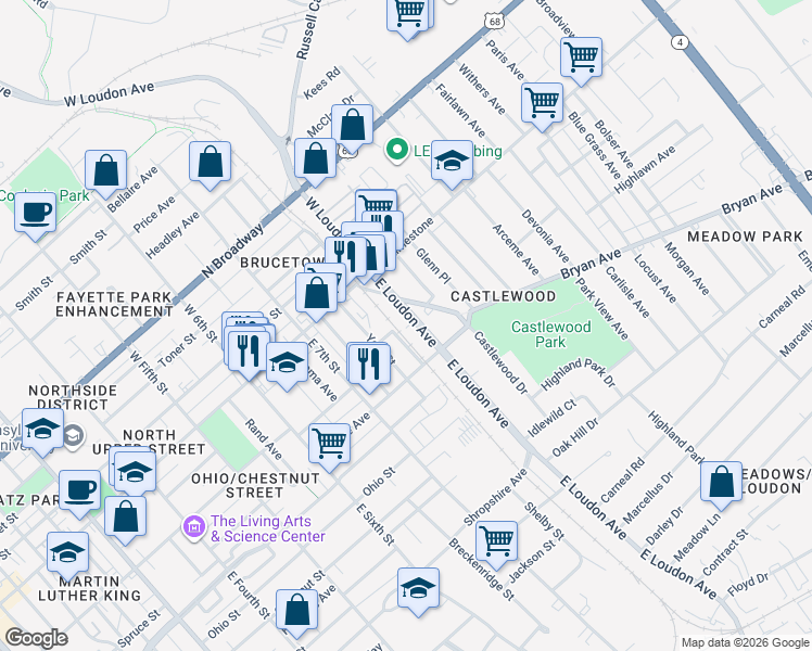 map of restaurants, bars, coffee shops, grocery stores, and more near 146 Belt Line Avenue in Lexington