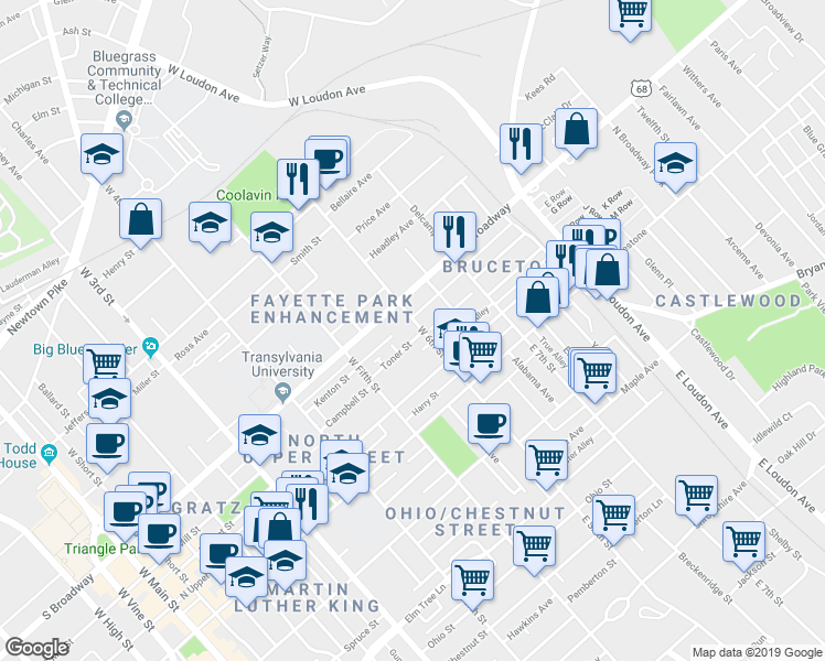 map of restaurants, bars, coffee shops, grocery stores, and more near 102 Sheila Court in Lexington