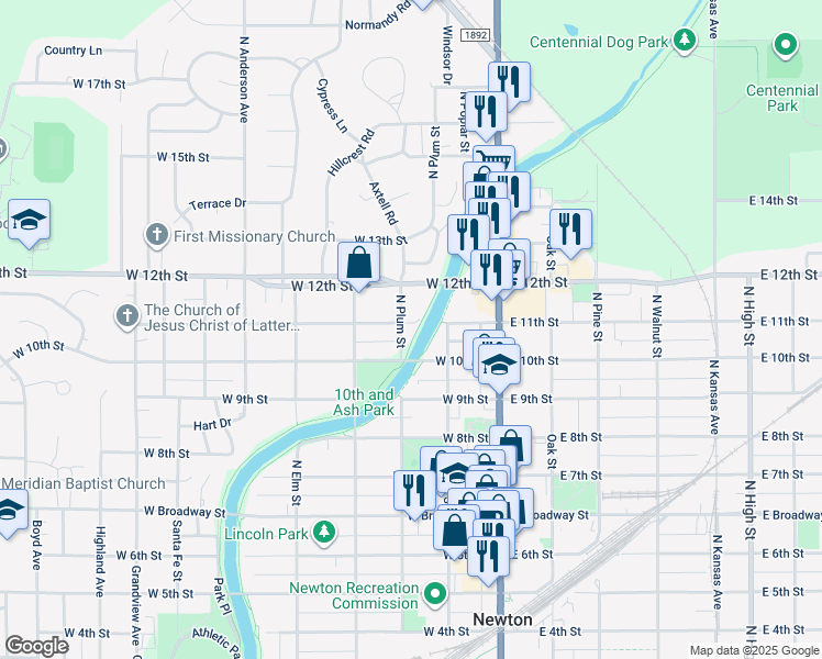 map of restaurants, bars, coffee shops, grocery stores, and more near 1108 North Plum Street in Newton