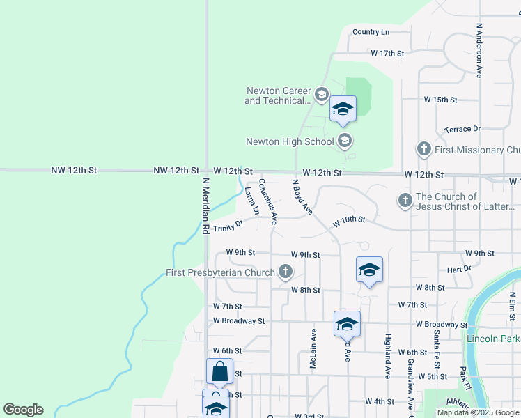 map of restaurants, bars, coffee shops, grocery stores, and more near 1101 Trinity Dr in Newton