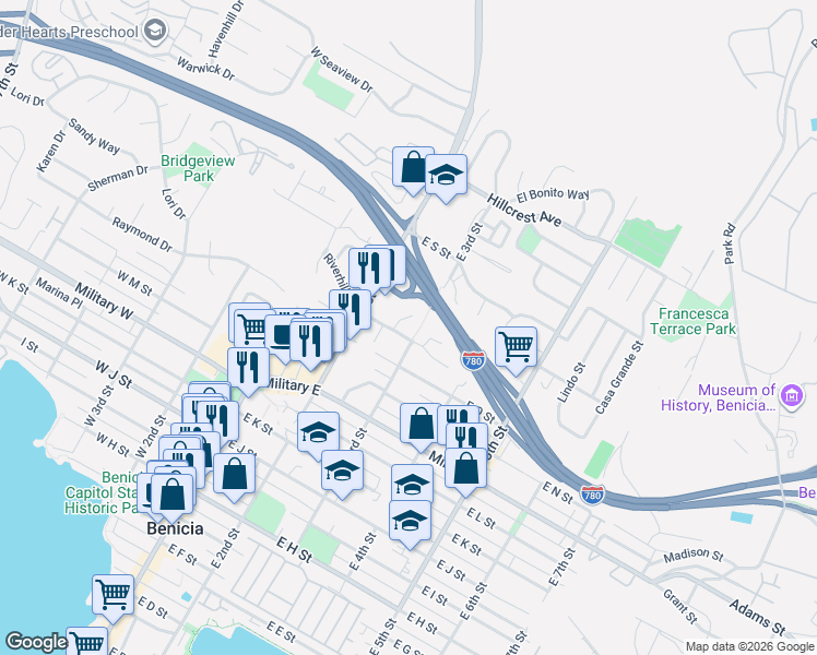 map of restaurants, bars, coffee shops, grocery stores, and more near 1525 East 3rd Street in Benicia