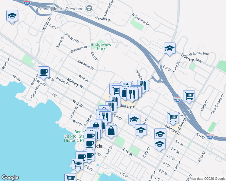 map of restaurants, bars, coffee shops, grocery stores, and more near 120 Saint Catherine Lane in Benicia