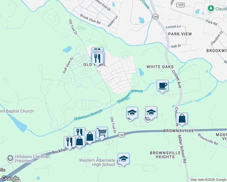map of restaurants, bars, coffee shops, grocery stores, and more near Old Trail Drive in Crozet