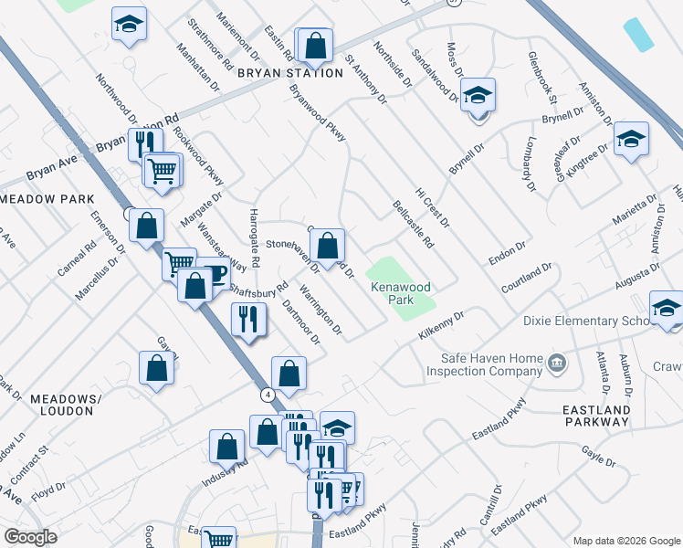 map of restaurants, bars, coffee shops, grocery stores, and more near 577 Stonehaven Drive in Lexington