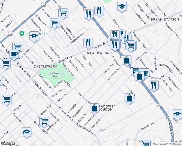 map of restaurants, bars, coffee shops, grocery stores, and more near 636 Locust Avenue in Lexington