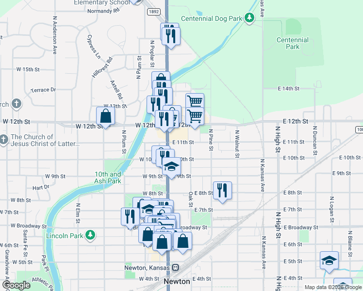 map of restaurants, bars, coffee shops, grocery stores, and more near 122 E 10th St in Newton