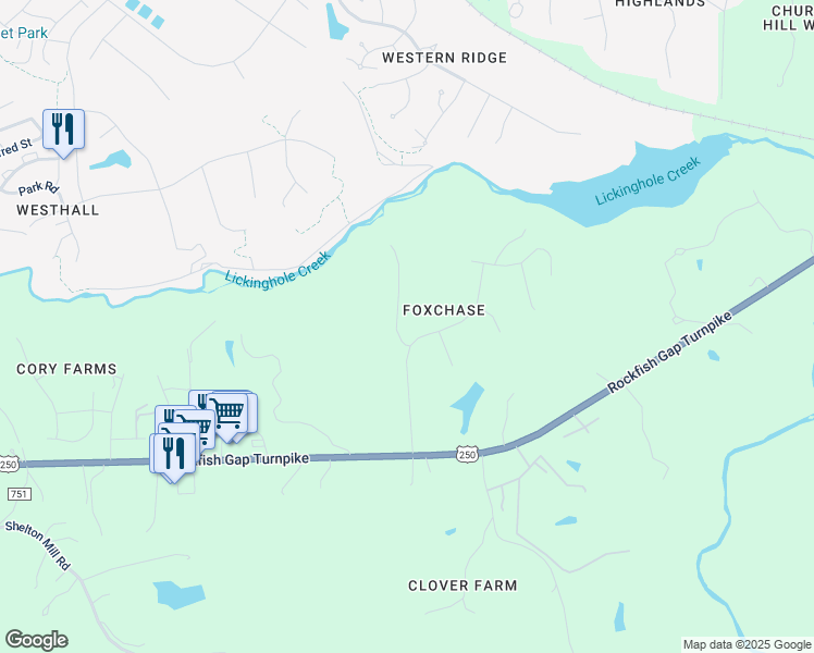 map of restaurants, bars, coffee shops, grocery stores, and more near 505 Foxdale Lane in Charlottesville