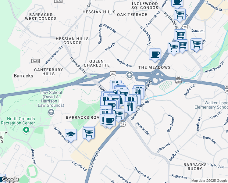 map of restaurants, bars, coffee shops, grocery stores, and more near 1212 Cedars Court in Charlottesville