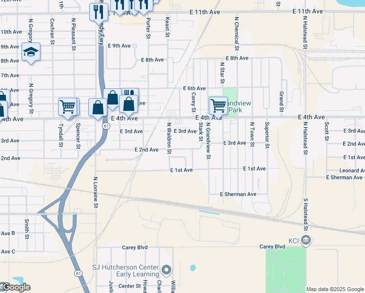 map of restaurants, bars, coffee shops, grocery stores, and more near Baldy Street in Hutchinson
