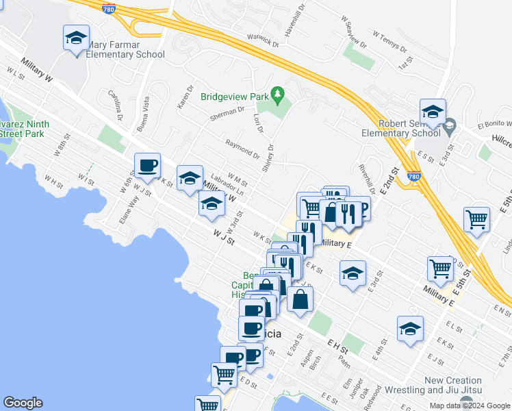 map of restaurants, bars, coffee shops, grocery stores, and more near 283 Military West in Benicia