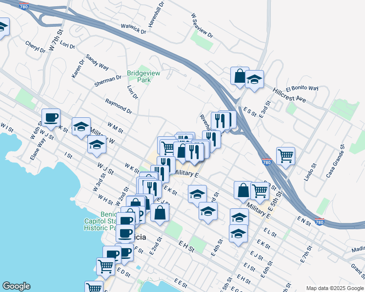 map of restaurants, bars, coffee shops, grocery stores, and more near 84 Solano Square in Benicia