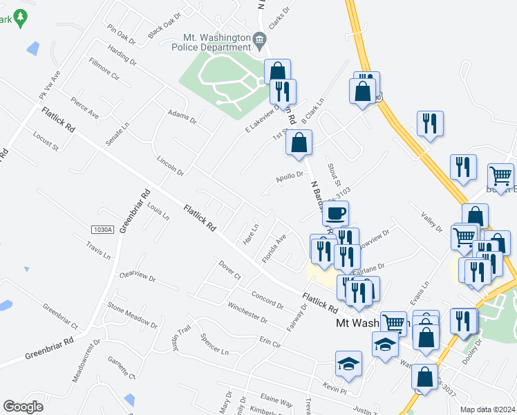 map of restaurants, bars, coffee shops, grocery stores, and more near 233 Hare Lane in Mount Washington