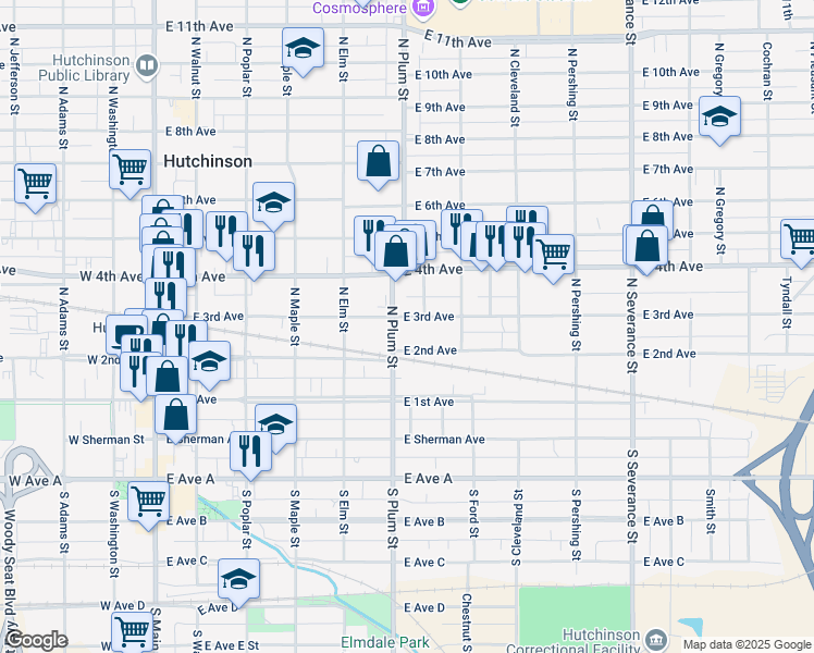 map of restaurants, bars, coffee shops, grocery stores, and more near 516 East 2nd Avenue in Hutchinson