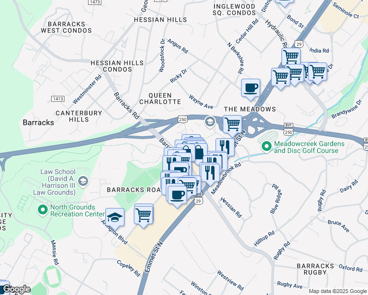 map of restaurants, bars, coffee shops, grocery stores, and more near in Charlottesville
