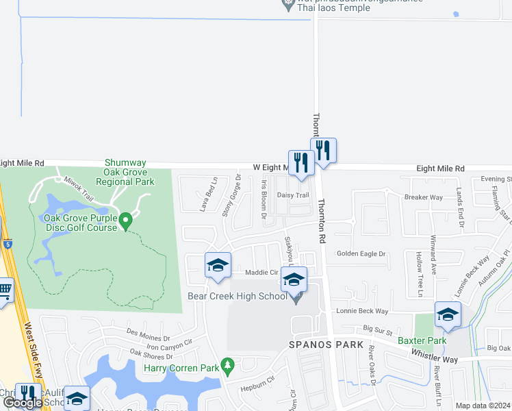 map of restaurants, bars, coffee shops, grocery stores, and more near 10756 Pleasant Valley Circle in Stockton