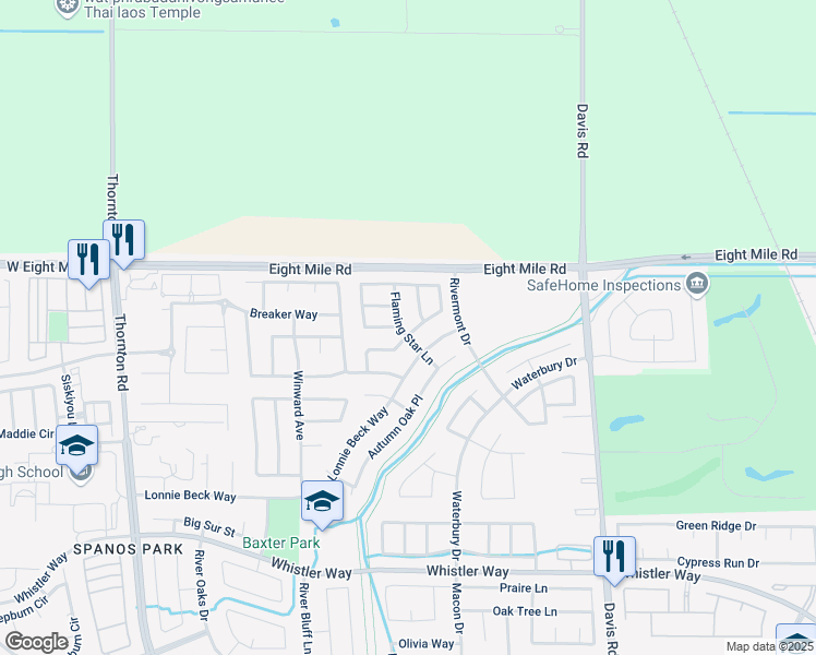map of restaurants, bars, coffee shops, grocery stores, and more near 10806 Flaming Star Lane in Stockton