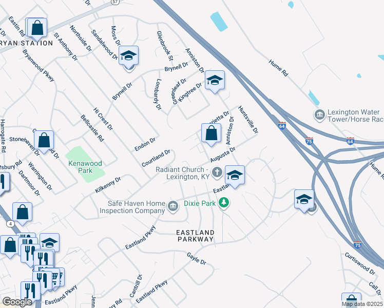 map of restaurants, bars, coffee shops, grocery stores, and more near 1839 Augusta Drive in Lexington