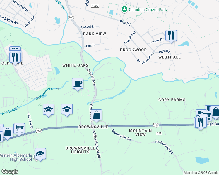 map of restaurants, bars, coffee shops, grocery stores, and more near 5472 Oxbow Drive in Crozet