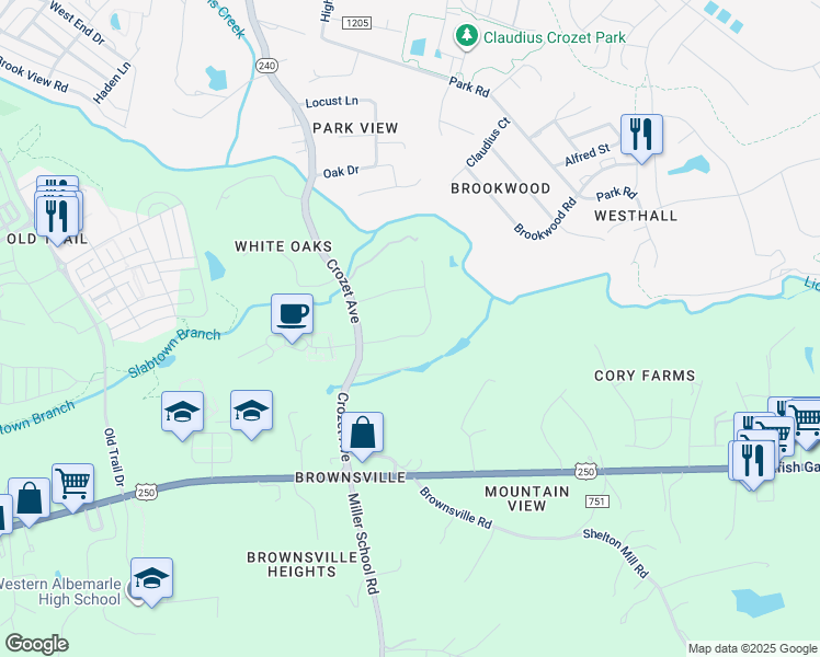 map of restaurants, bars, coffee shops, grocery stores, and more near 5472 Oxbow Drive in Crozet