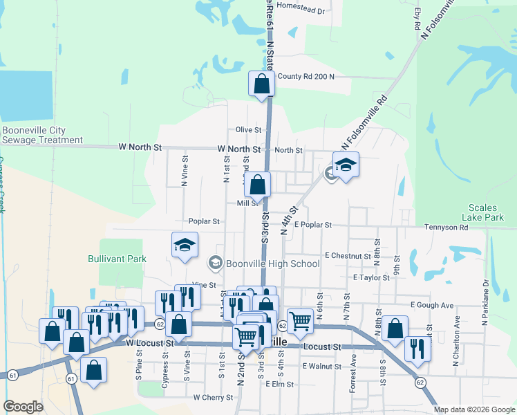 map of restaurants, bars, coffee shops, grocery stores, and more near 720 North 3rd Street in Boonville