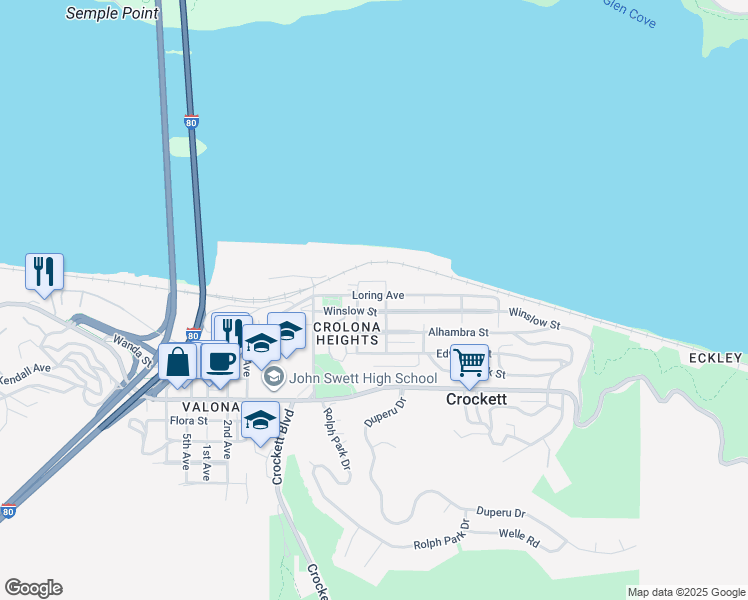 map of restaurants, bars, coffee shops, grocery stores, and more near 725 Loring Avenue in Crockett
