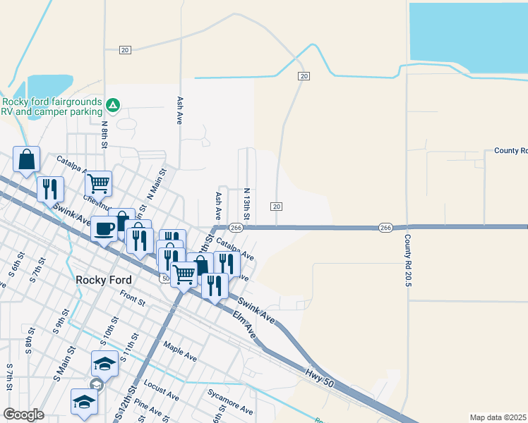 map of restaurants, bars, coffee shops, grocery stores, and more near 29113 County Road 20 in Rocky Ford