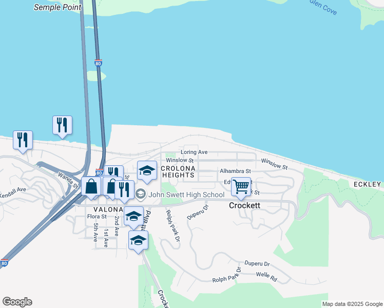 map of restaurants, bars, coffee shops, grocery stores, and more near 725 Loring Avenue in Crockett