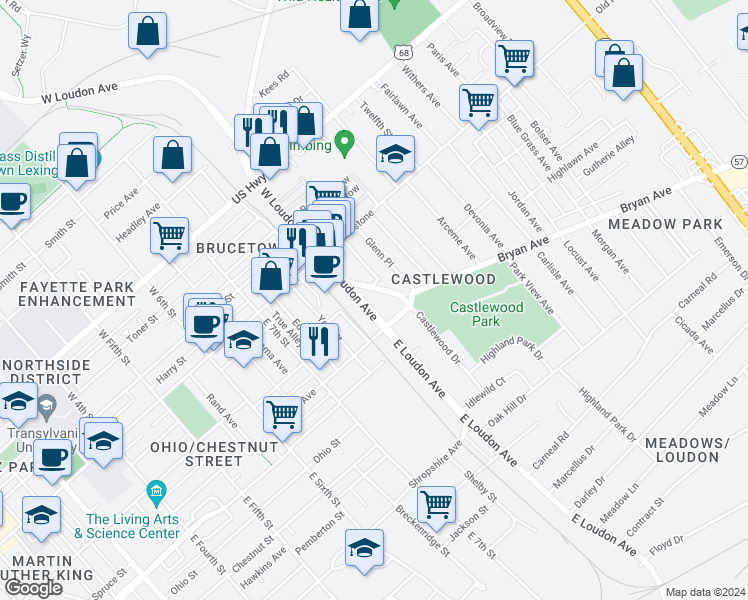 map of restaurants, bars, coffee shops, grocery stores, and more near 811 Bryan Avenue in Lexington