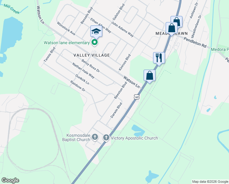 map of restaurants, bars, coffee shops, grocery stores, and more near 6906 Betsy Ross Drive in Louisville