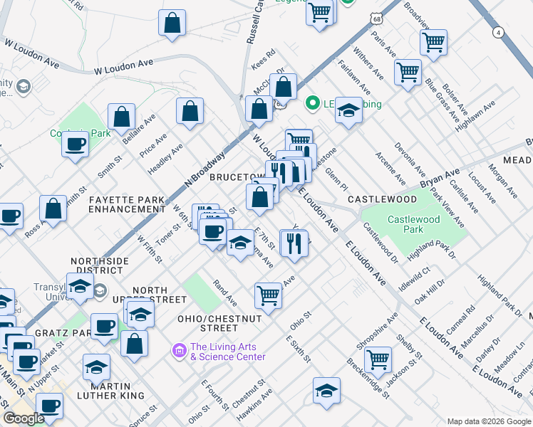 map of restaurants, bars, coffee shops, grocery stores, and more near 748 North Limestone in Lexington