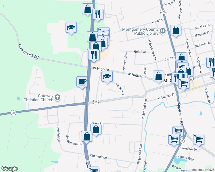 map of restaurants, bars, coffee shops, grocery stores, and more near in Mount Sterling