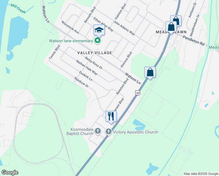 map of restaurants, bars, coffee shops, grocery stores, and more near 7012 Nathan Hale Way in Louisville