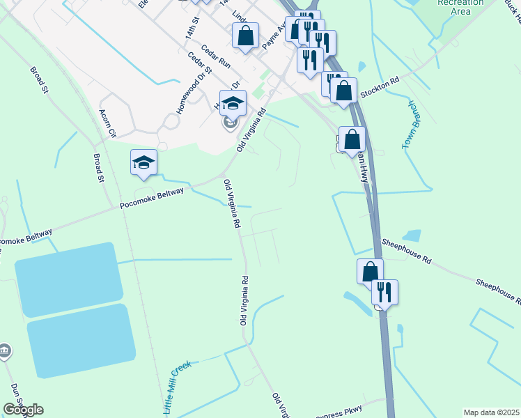 map of restaurants, bars, coffee shops, grocery stores, and more near 1920 North Old Mill Drive in Pocomoke City