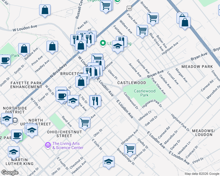 map of restaurants, bars, coffee shops, grocery stores, and more near 811 Bryan Avenue in Lexington