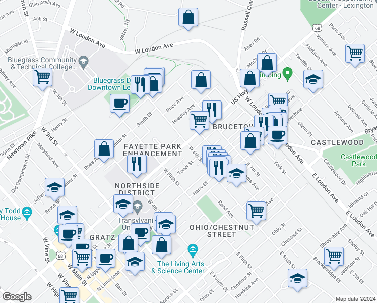 map of restaurants, bars, coffee shops, grocery stores, and more near in Lexington