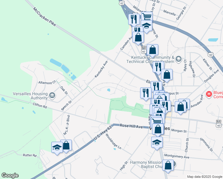 map of restaurants, bars, coffee shops, grocery stores, and more near 173 Spring Run Road in Versailles