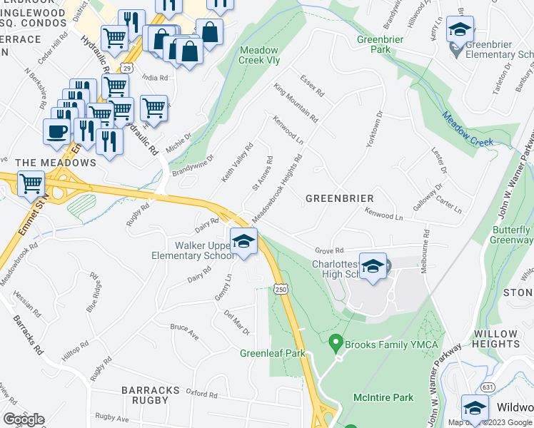 map of restaurants, bars, coffee shops, grocery stores, and more near 1610 Meadowbrook Heights Road in Charlottesville