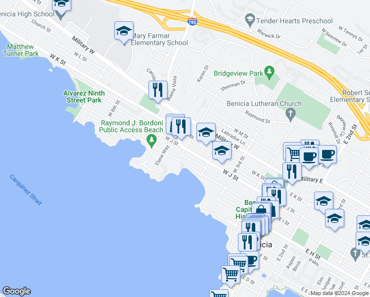 map of restaurants, bars, coffee shops, grocery stores, and more near West J Street in Benicia