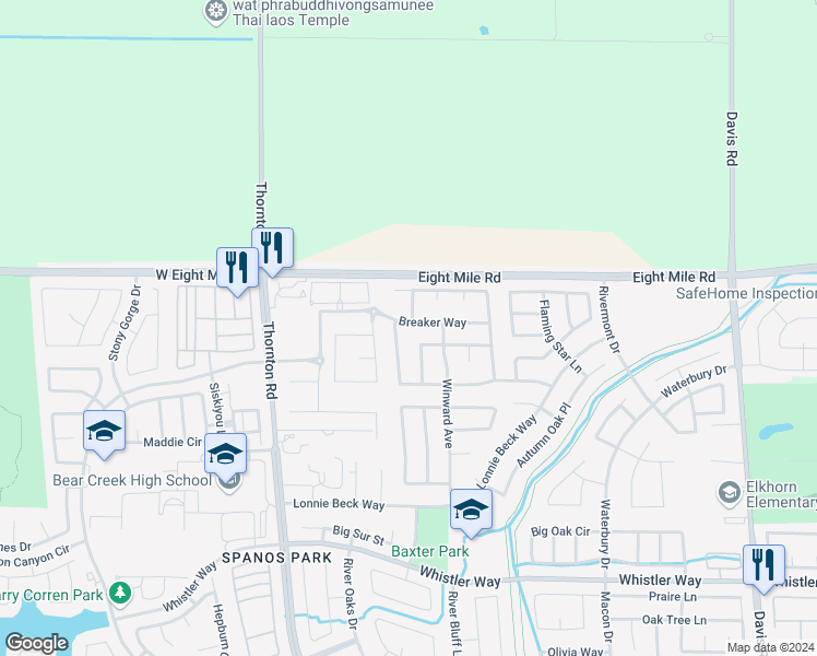 map of restaurants, bars, coffee shops, grocery stores, and more near 2638 Breaker Way in Stockton