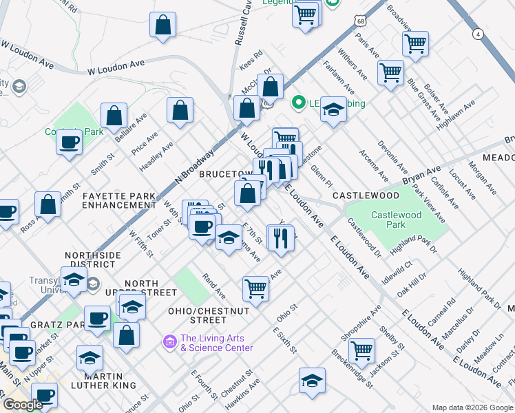 map of restaurants, bars, coffee shops, grocery stores, and more near 748 North Limestone in Lexington