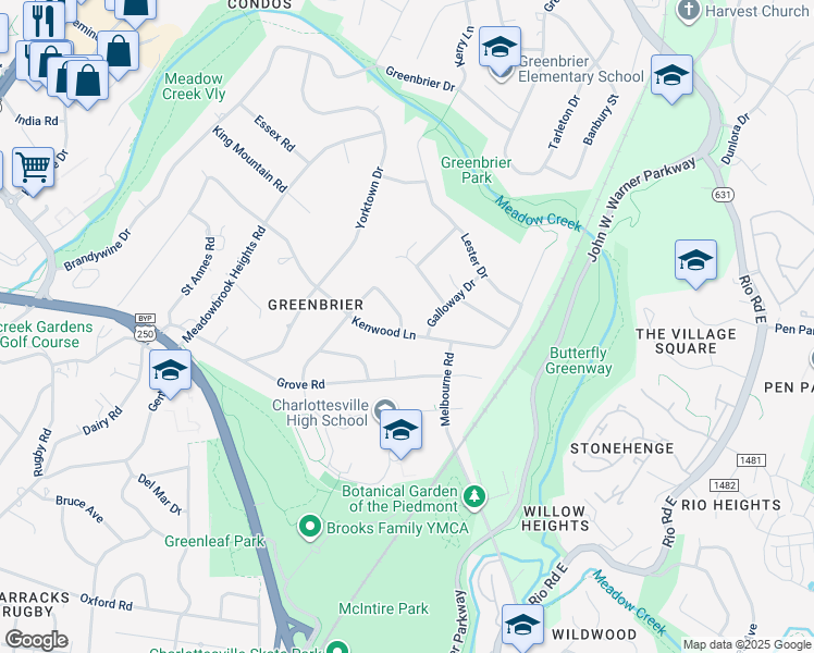 map of restaurants, bars, coffee shops, grocery stores, and more near 1741 Concord Drive in Charlottesville