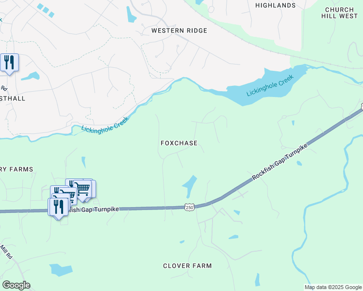 map of restaurants, bars, coffee shops, grocery stores, and more near 525 Foxdale Lane in Charlottesville