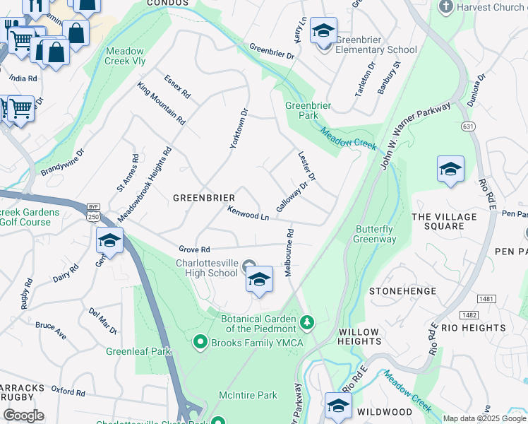 map of restaurants, bars, coffee shops, grocery stores, and more near 1741 Concord Drive in Charlottesville