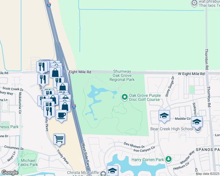 map of restaurants, bars, coffee shops, grocery stores, and more near Miwok Trail in Stockton