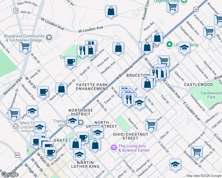 map of restaurants, bars, coffee shops, grocery stores, and more near 568 North Broadway in Lexington
