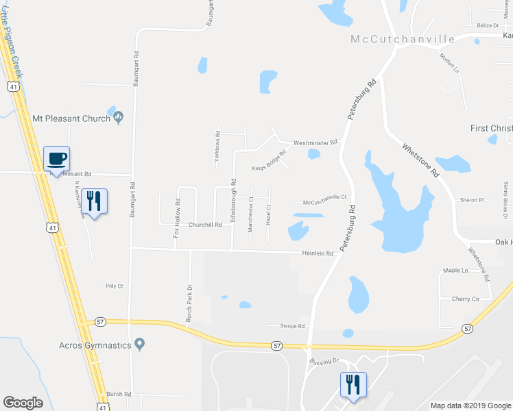 map of restaurants, bars, coffee shops, grocery stores, and more near 8535 Manchester Court in Evansville
